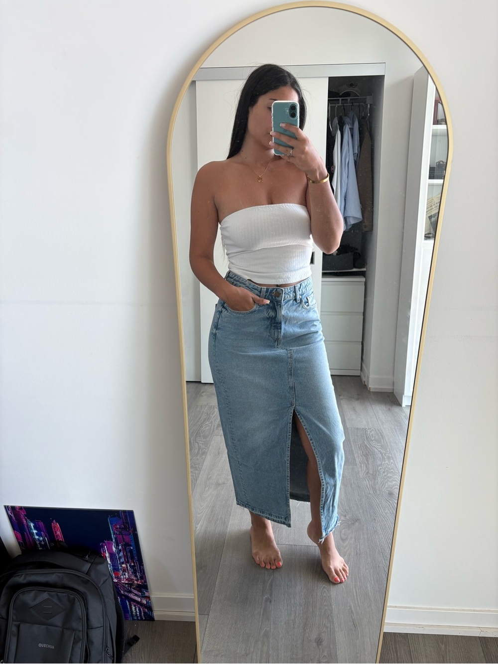 H&M Light Blue Denim Midi Skirt with Front Center Slit